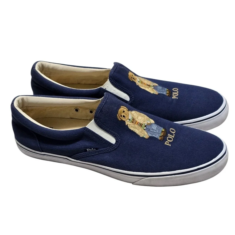Polo Ralph Lauren Thompson Navy Herringbone Canvas Polo Bear Slip On Shoes 14D